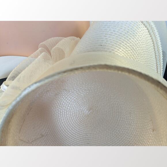 Vintage Ailuj Eugop Hat Ivory Upsweep Fascinator Woven Rhinestone Pearl Netting - Picture 11 of 12